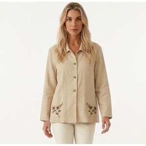 Blair Boutique Women’s Beige Long Sleeve Button Down Floral Blouse Blazer Size M